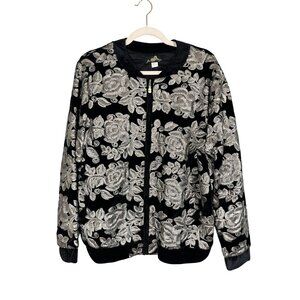 Retro Metallic Sequin Floral Jacket Velvet Black L Chic Festive Holiday Preppy